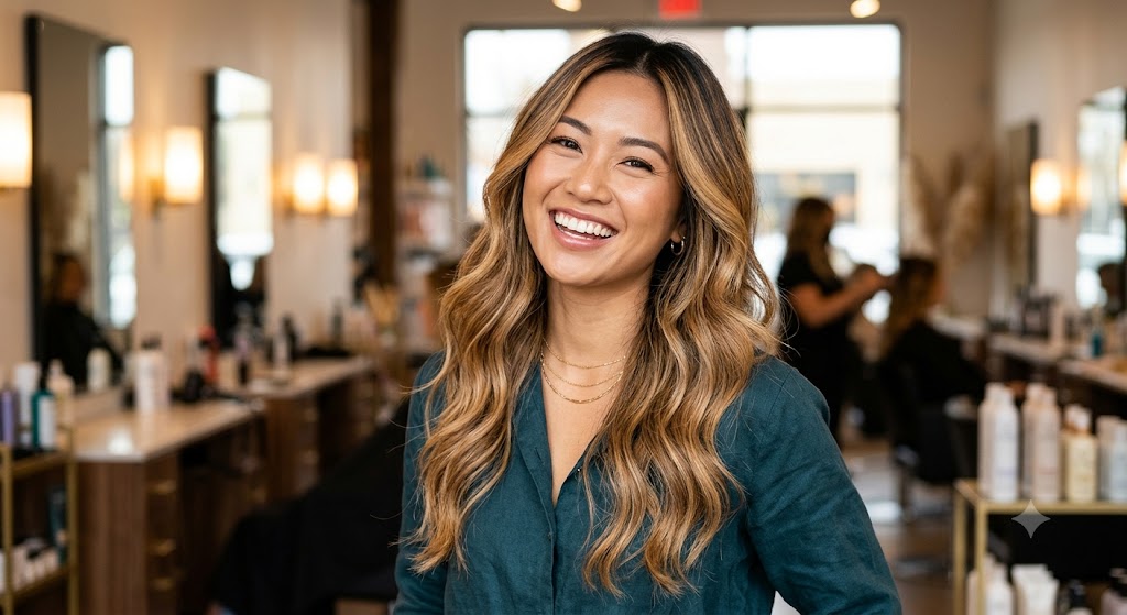 Mái tóc nhuộm balayage đẹp rực rỡ, bóng khỏe, người phụ nữ tự tin mỉm cười