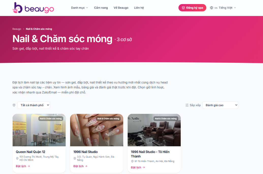 Bước 1 đặt lịch làm nail online: vào danh mục Nail trên Beaugo