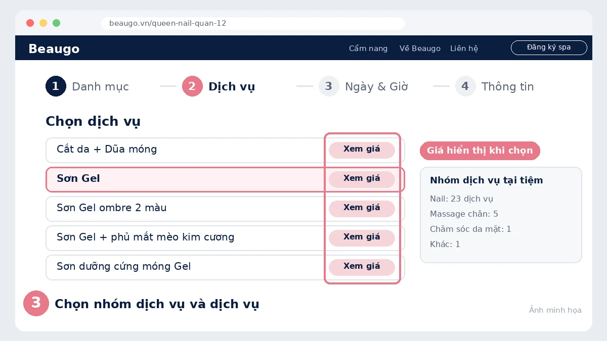 Bước 3 đặt lịch làm nail online: chọn dịch vụ sơn gel và xem giá