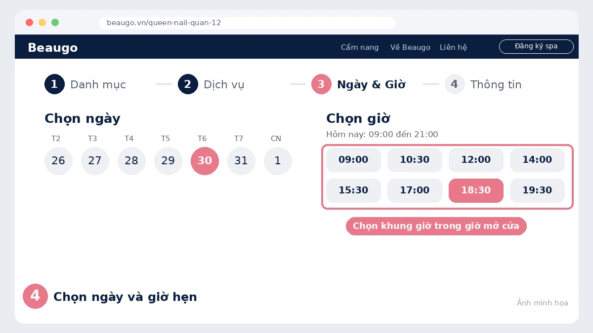 Bước 4 đặt lịch làm nail online: chọn ngày và giờ hẹn