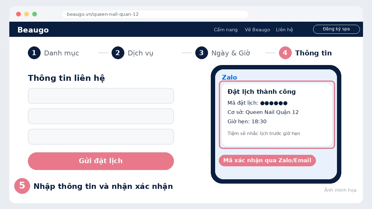 Bước 5 đặt lịch làm nail online: nhận mã xác nhận qua Zalo hoặc Email